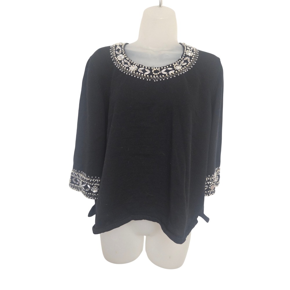 Bob Mackie Wearable Art Black Beaded Rhinestone Cotton Sweater 3/4 Sleeve Large